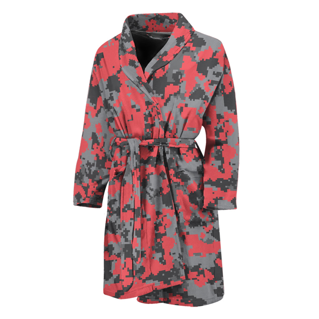 Red And Grey Digital Camo Pattern Print Men's Bathrobe