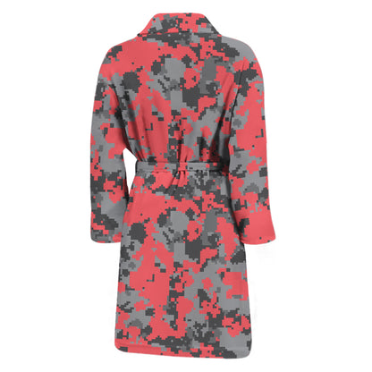 Red And Grey Digital Camo Pattern Print Men's Bathrobe