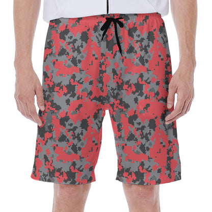 Red And Grey Digital Camo Pattern Print Men's Beach Shorts