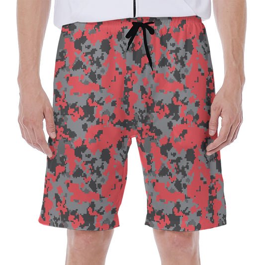 Red And Grey Digital Camo Pattern Print Men's Beach Shorts