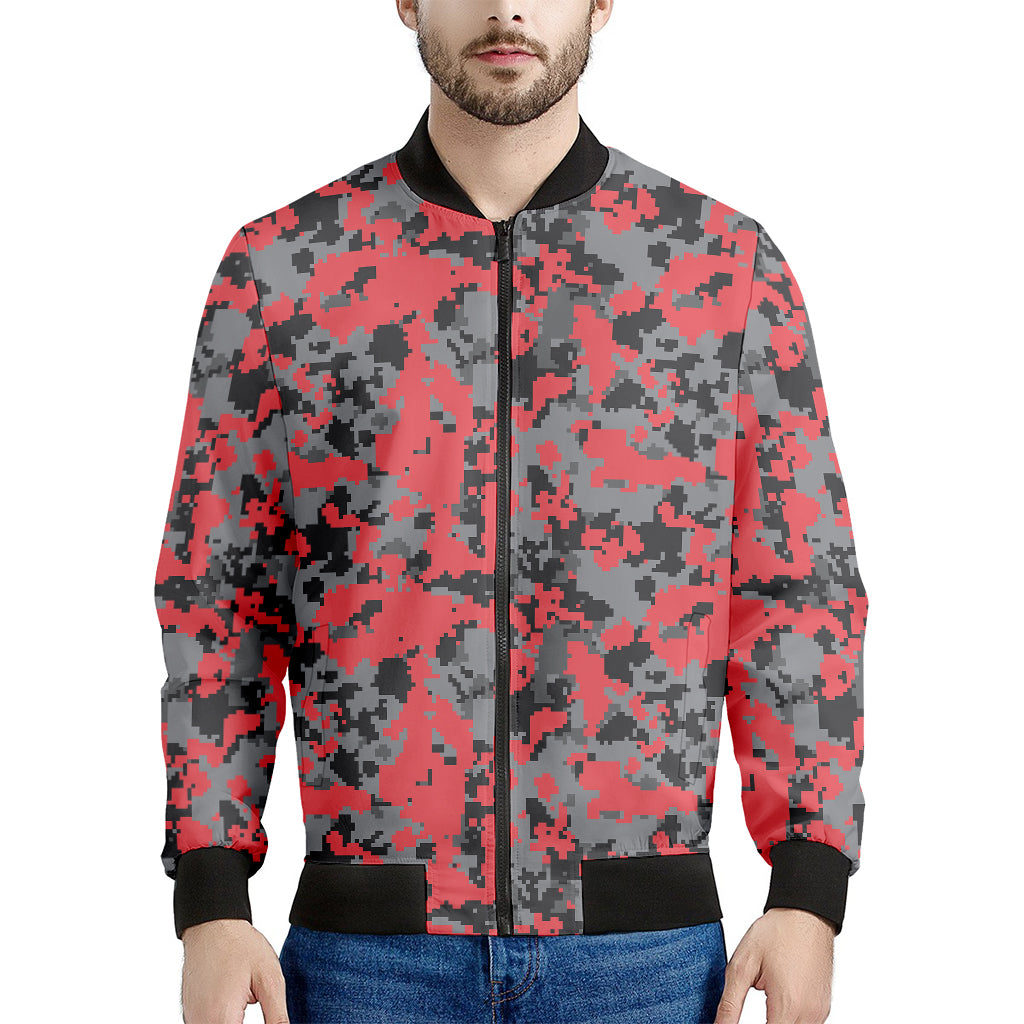 Red And Grey Digital Camo Pattern Print Men's Bomber Jacket