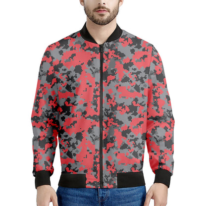 Red And Grey Digital Camo Pattern Print Men's Bomber Jacket