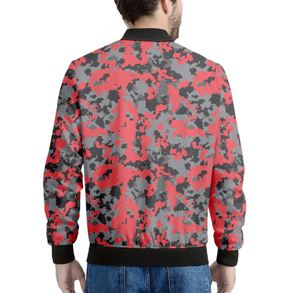 Red And Grey Digital Camo Pattern Print Men's Bomber Jacket