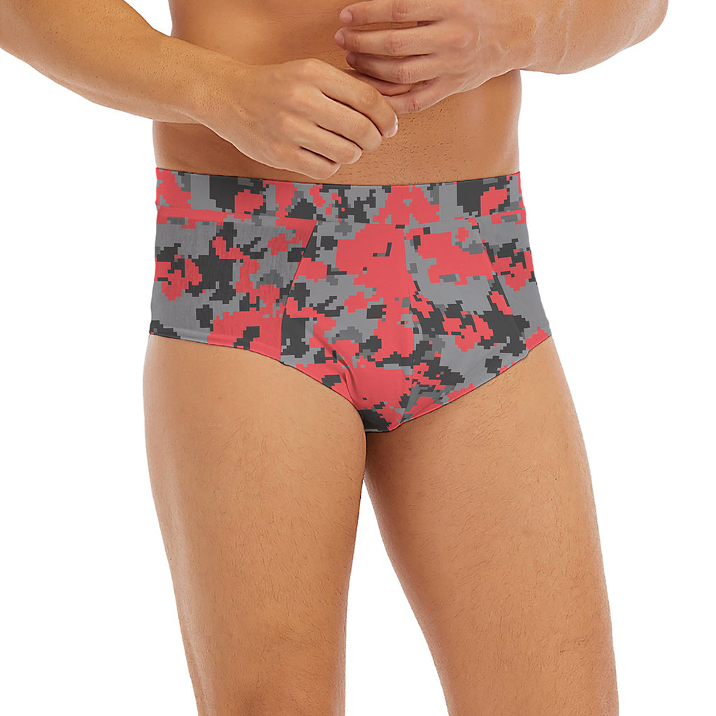 Red And Grey Digital Camo Pattern Print Men's Briefs