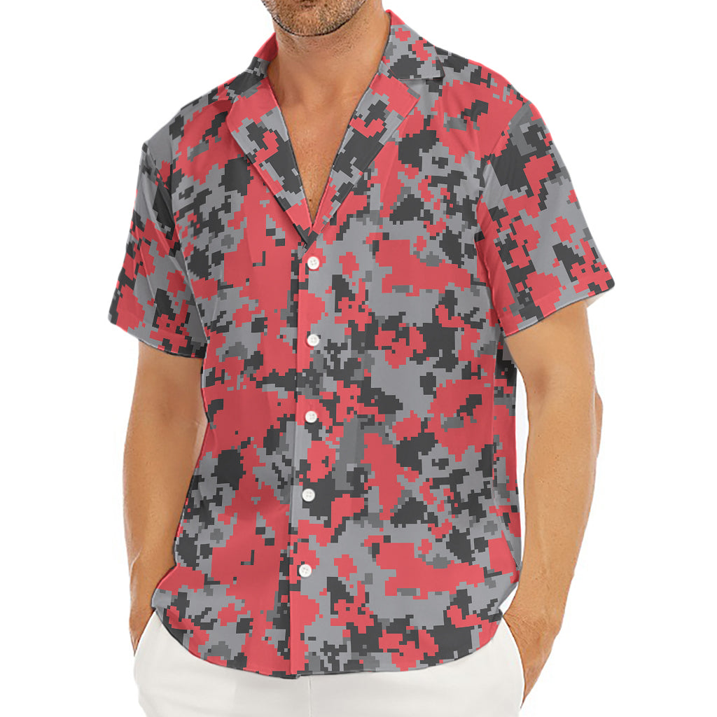 Red And Grey Digital Camo Pattern Print Men's Deep V-Neck Shirt