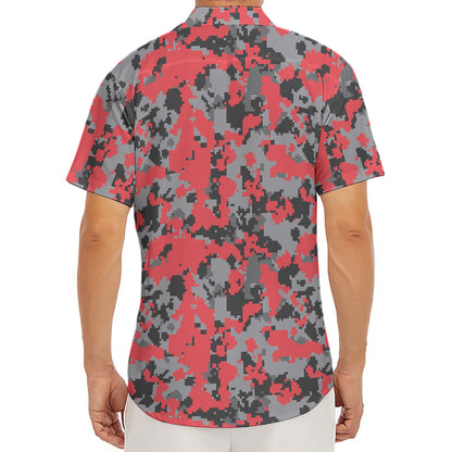 Red And Grey Digital Camo Pattern Print Men's Deep V-Neck Shirt