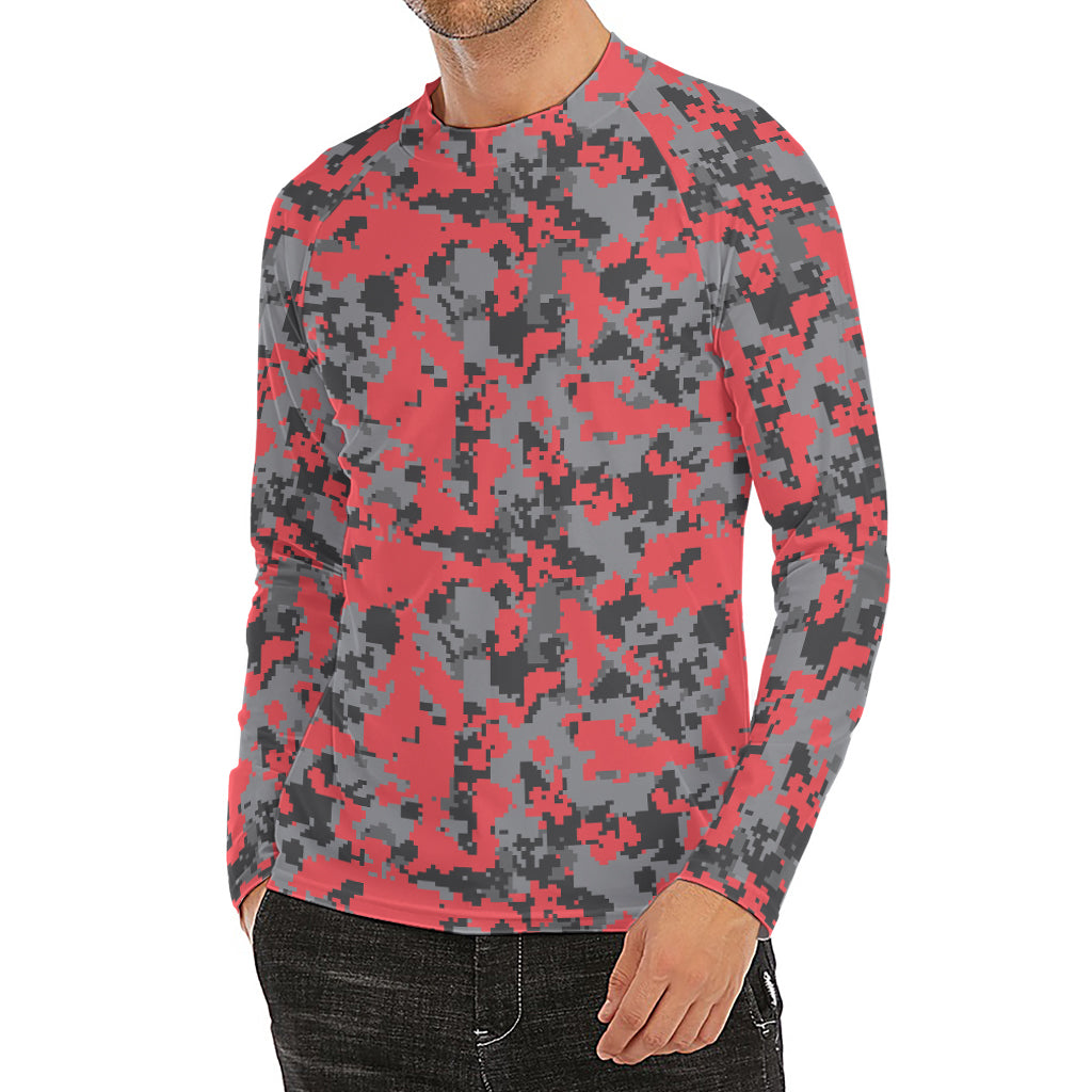 Red And Grey Digital Camo Pattern Print Men's Long Sleeve Rash Guard