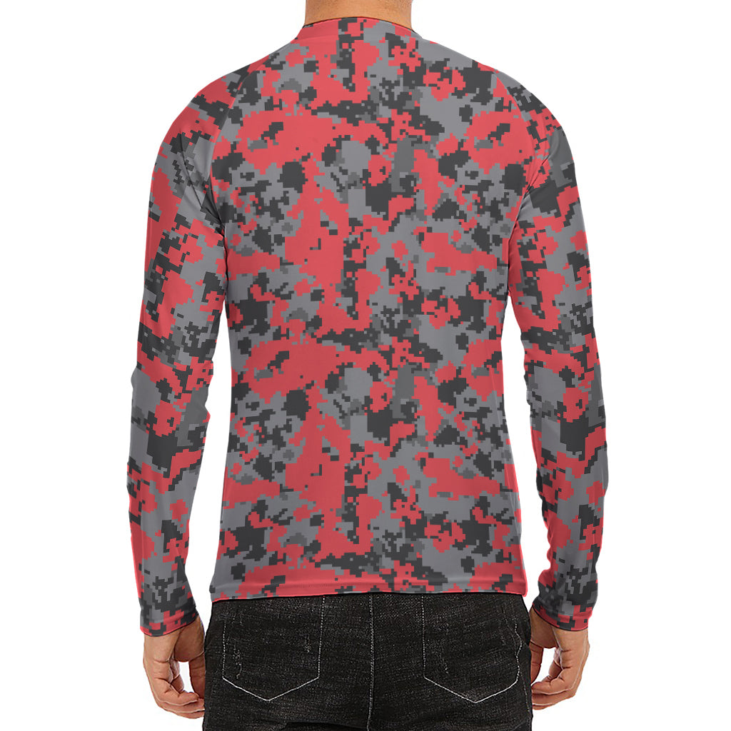 Red And Grey Digital Camo Pattern Print Men's Long Sleeve Rash Guard