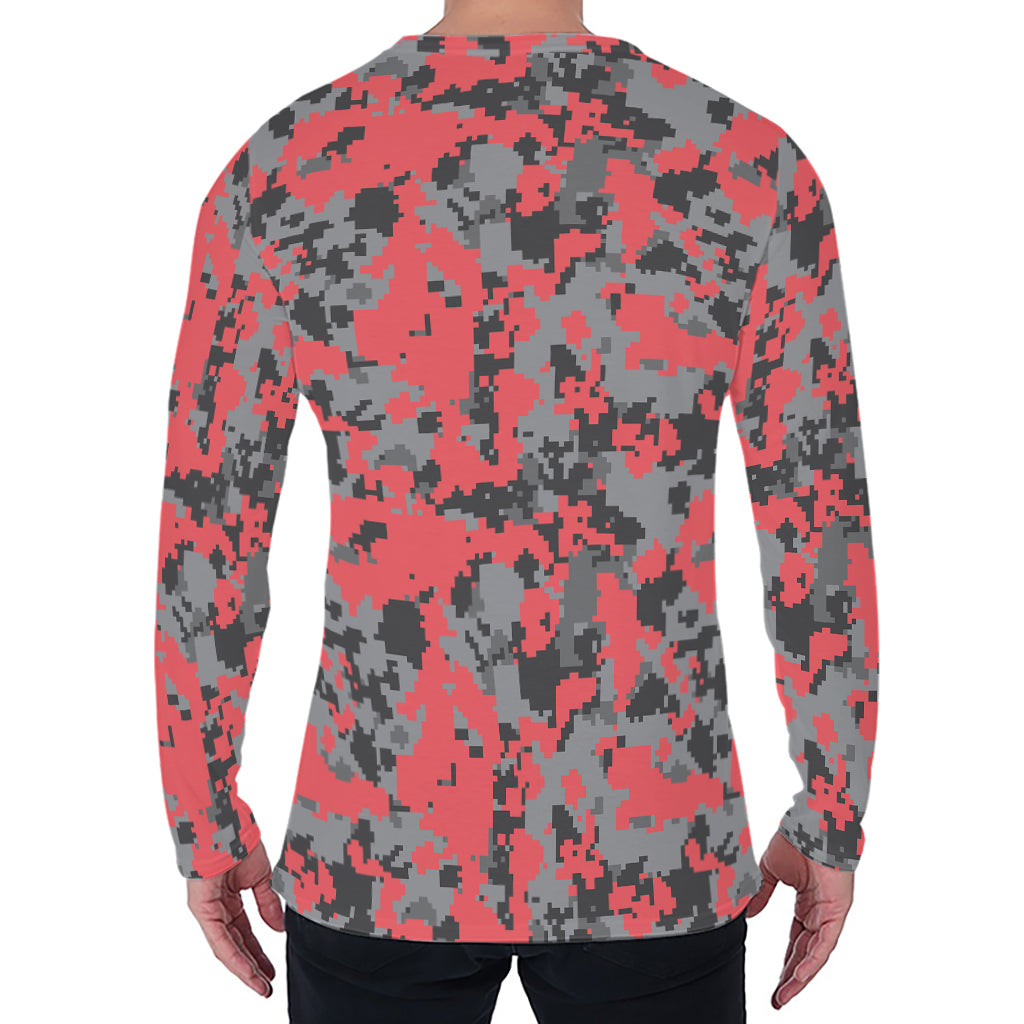 Red And Grey Digital Camo Pattern Print Men's Long Sleeve T-Shirt