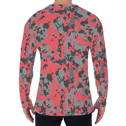 Red And Grey Digital Camo Pattern Print Men's Long Sleeve T-Shirt