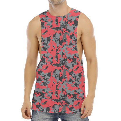 Red And Grey Digital Camo Pattern Print Men's Muscle Tank Top