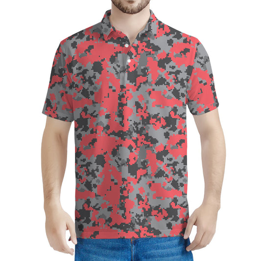 Red And Grey Digital Camo Pattern Print Men's Polo Shirt