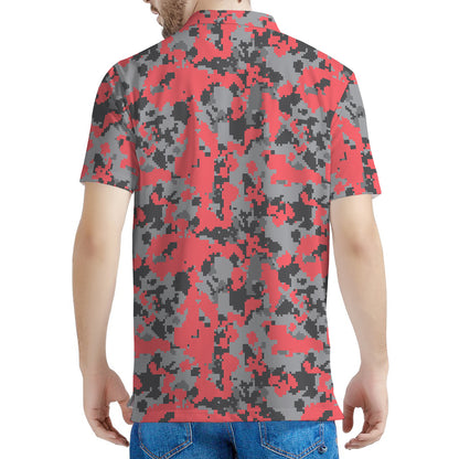 Red And Grey Digital Camo Pattern Print Men's Polo Shirt