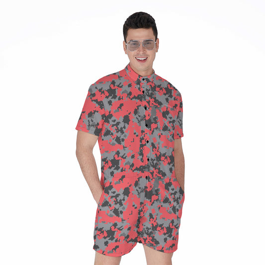 Red And Grey Digital Camo Pattern Print Men's Rompers