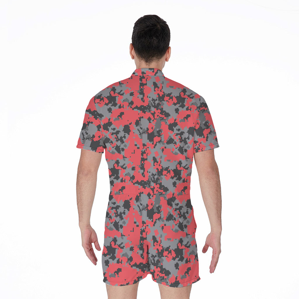 Red And Grey Digital Camo Pattern Print Men's Rompers