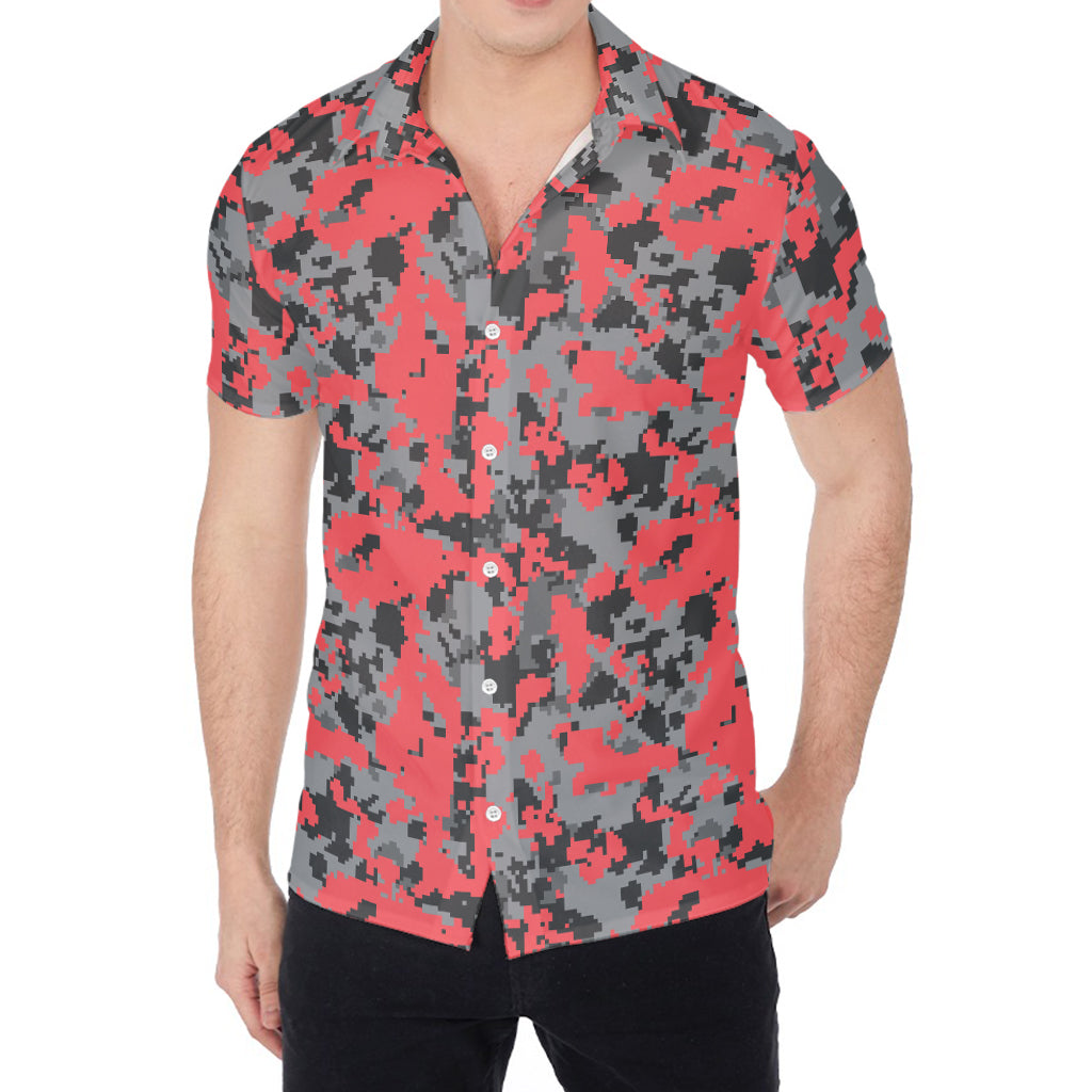 Red And Grey Digital Camo Pattern Print Men's Shirt