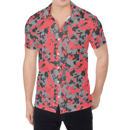 Red And Grey Digital Camo Pattern Print Men's Shirt
