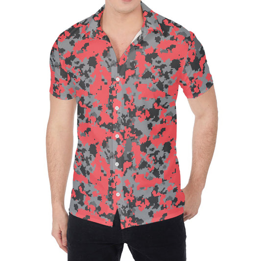 Red And Grey Digital Camo Pattern Print Men's Shirt