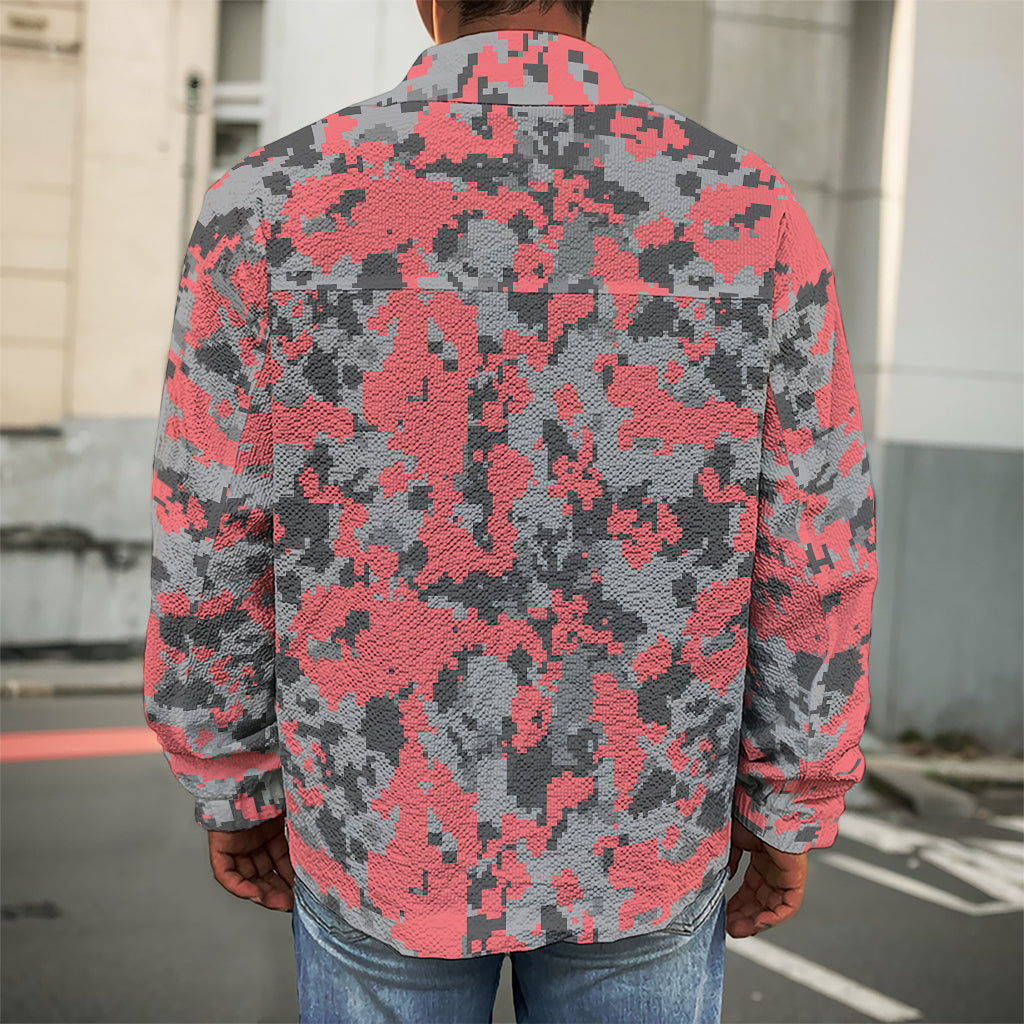 Red And Grey Digital Camo Pattern Print Men's Shirt Jacket