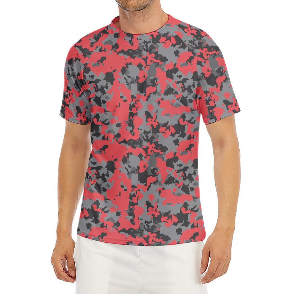 Red And Grey Digital Camo Pattern Print Men's Short Sleeve Rash Guard