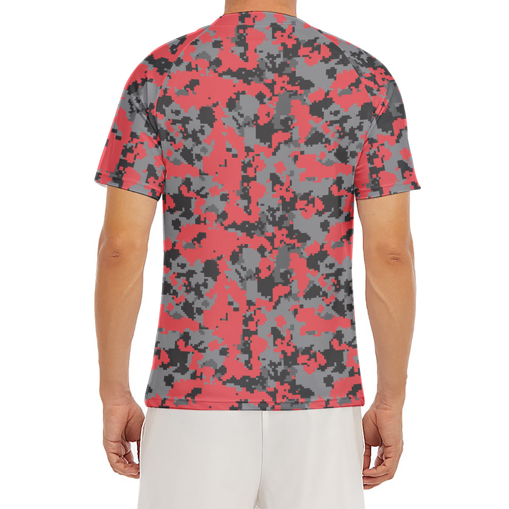 Red And Grey Digital Camo Pattern Print Men's Short Sleeve Rash Guard