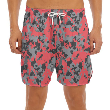 Red And Grey Digital Camo Pattern Print Men's Split Running Shorts