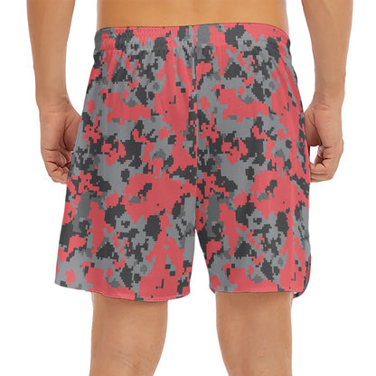 Red And Grey Digital Camo Pattern Print Men's Split Running Shorts