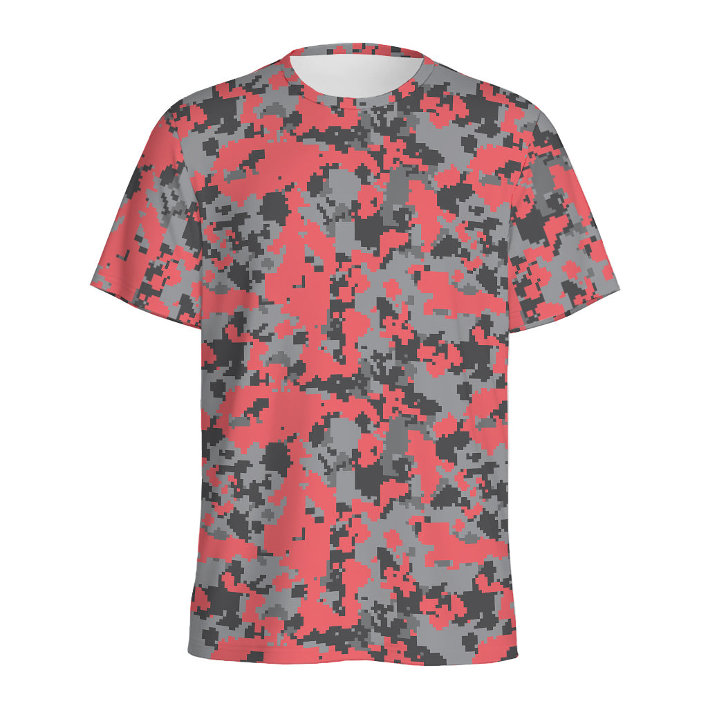 Red And Grey Digital Camo Pattern Print Men's Sports T-Shirt