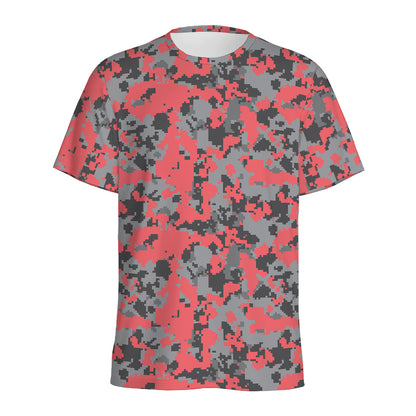 Red And Grey Digital Camo Pattern Print Men's Sports T-Shirt