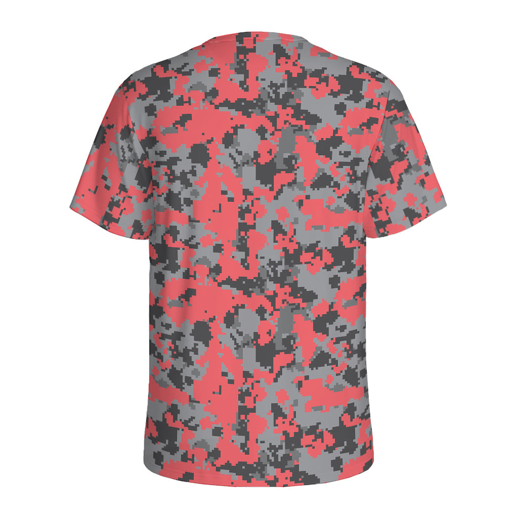 Red And Grey Digital Camo Pattern Print Men's Sports T-Shirt
