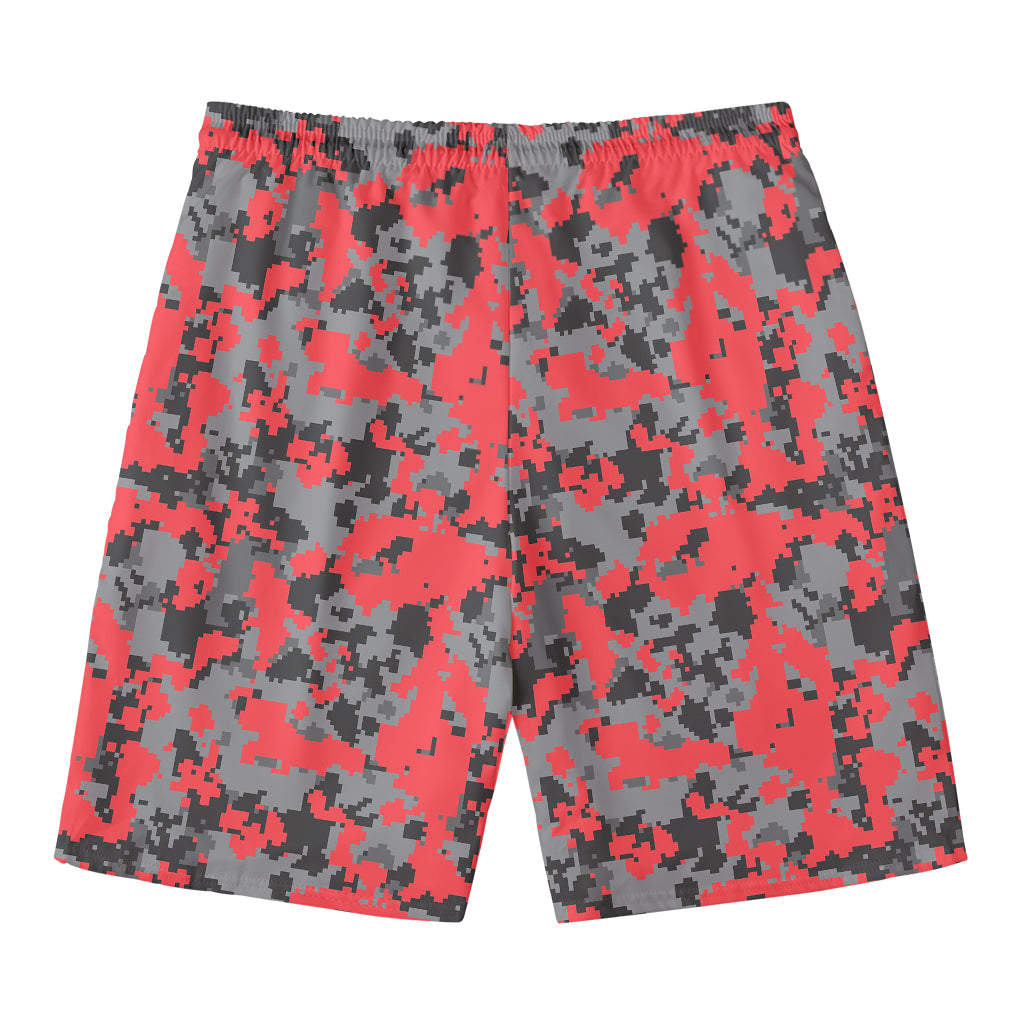 Red And Grey Digital Camo Pattern Print Men's Swim Trunks