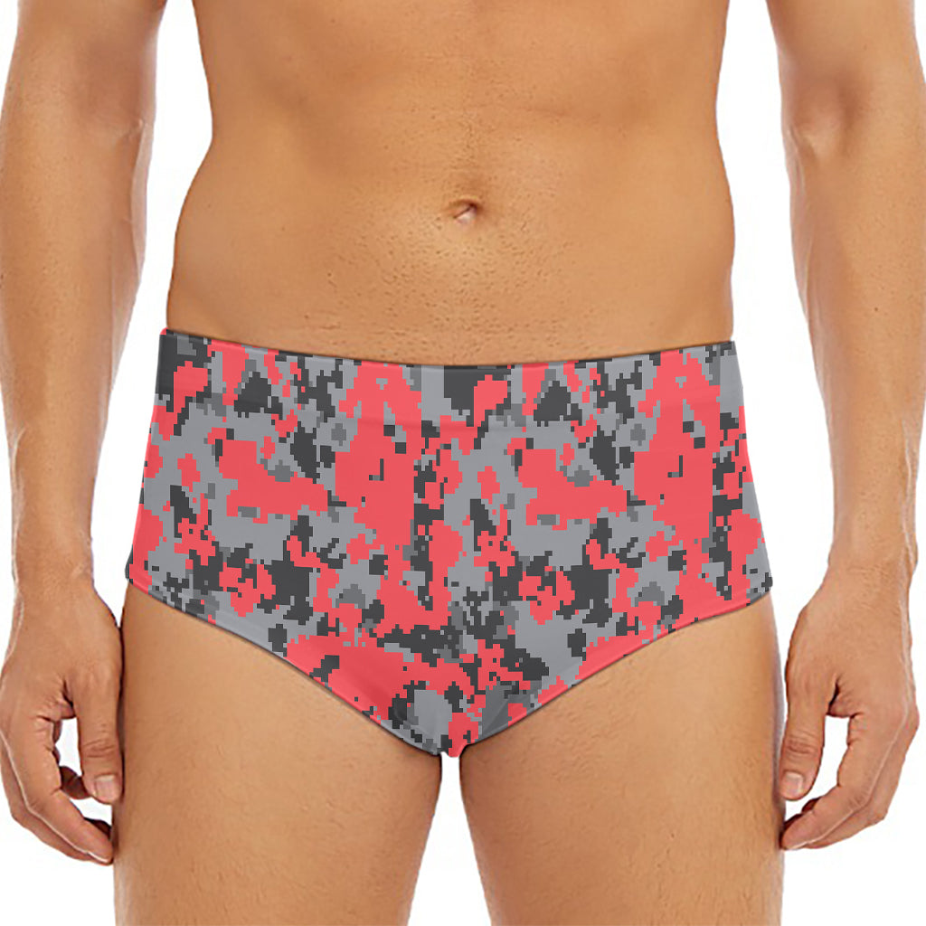 Red And Grey Digital Camo Pattern Print Men's Triangle Swim Briefs