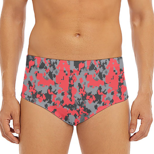 Red And Grey Digital Camo Pattern Print Men's Triangle Swim Briefs