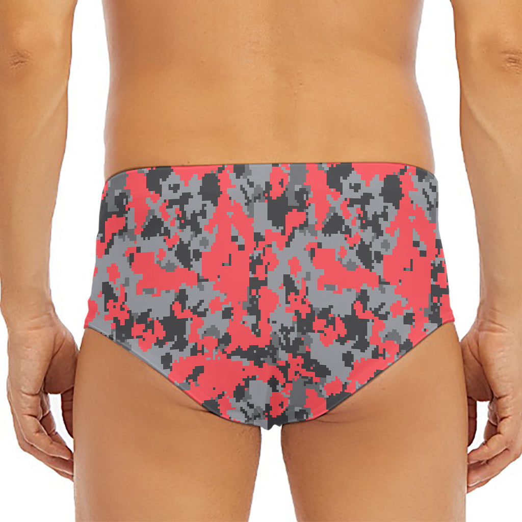 Red And Grey Digital Camo Pattern Print Men's Triangle Swim Briefs