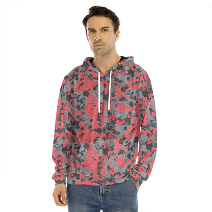 Red And Grey Digital Camo Pattern Print Men's Velvet Pullover Hoodie
