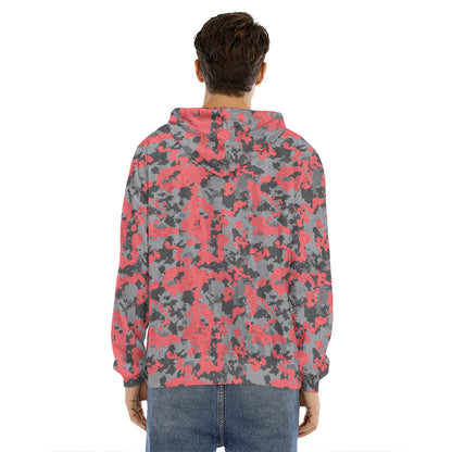 Red And Grey Digital Camo Pattern Print Men's Velvet Pullover Hoodie