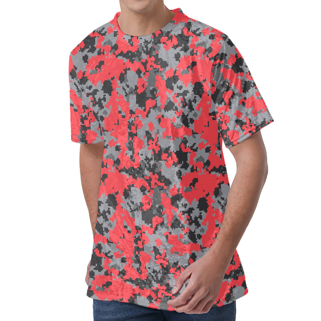 Red And Grey Digital Camo Pattern Print Men's Velvet T-Shirt