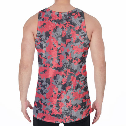 Red And Grey Digital Camo Pattern Print Men's Velvet Tank Top