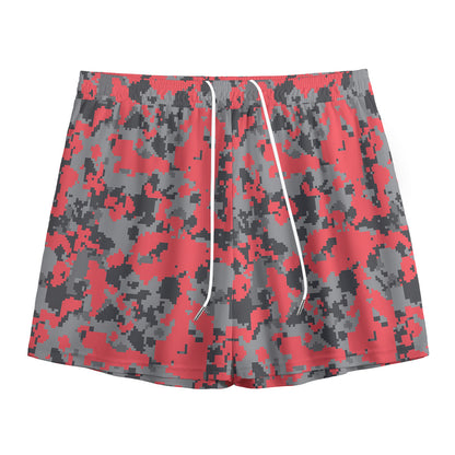 Red And Grey Digital Camo Pattern Print Mesh Shorts