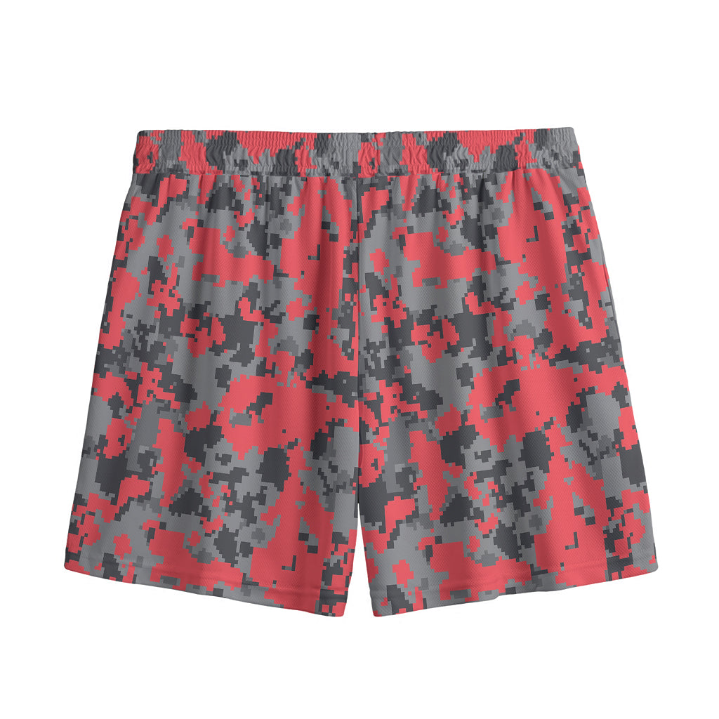 Red And Grey Digital Camo Pattern Print Mesh Shorts