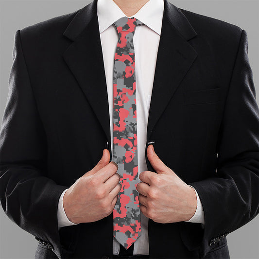 Red And Grey Digital Camo Pattern Print Necktie