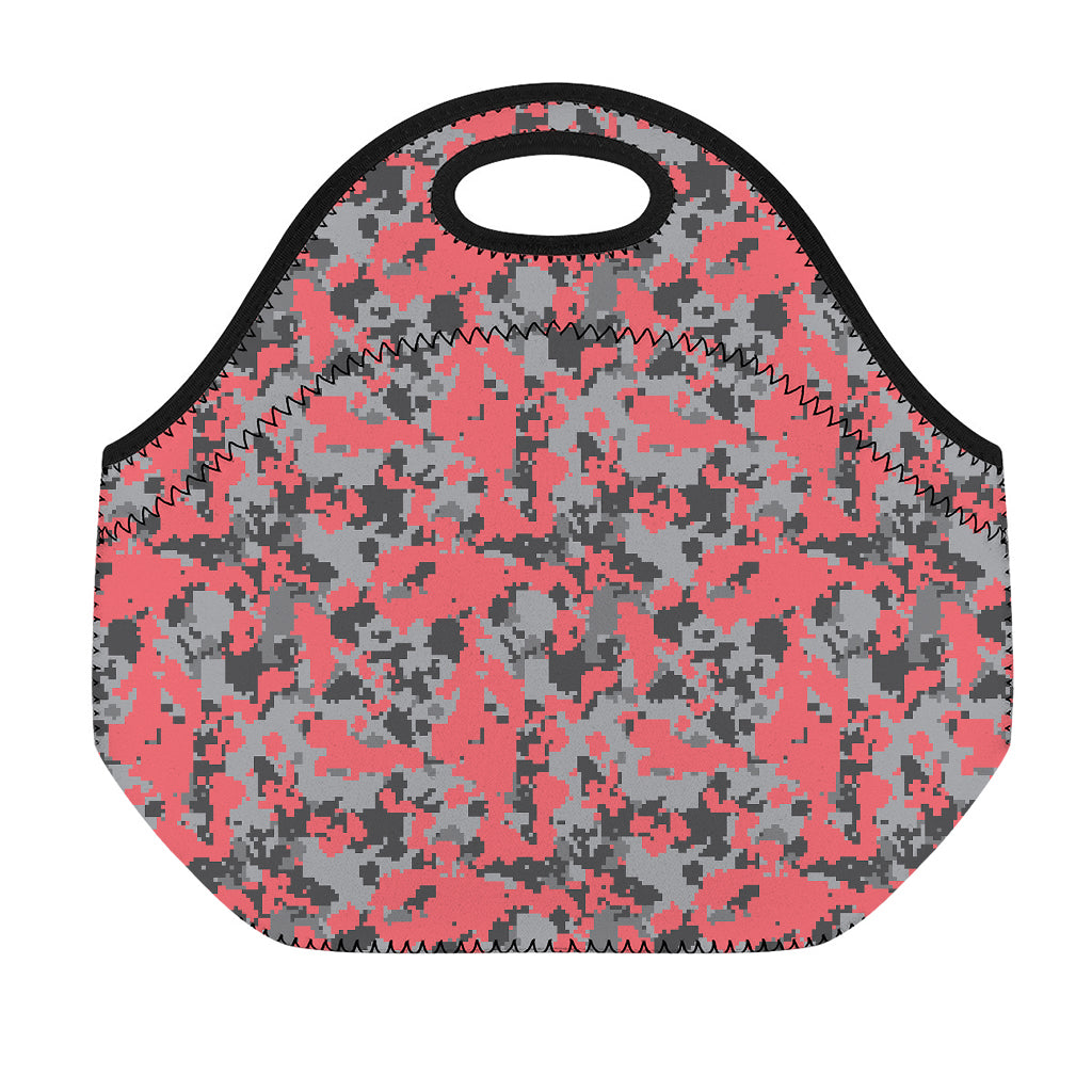 Red And Grey Digital Camo Pattern Print Neoprene Lunch Bag