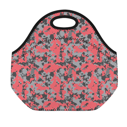 Red And Grey Digital Camo Pattern Print Neoprene Lunch Bag