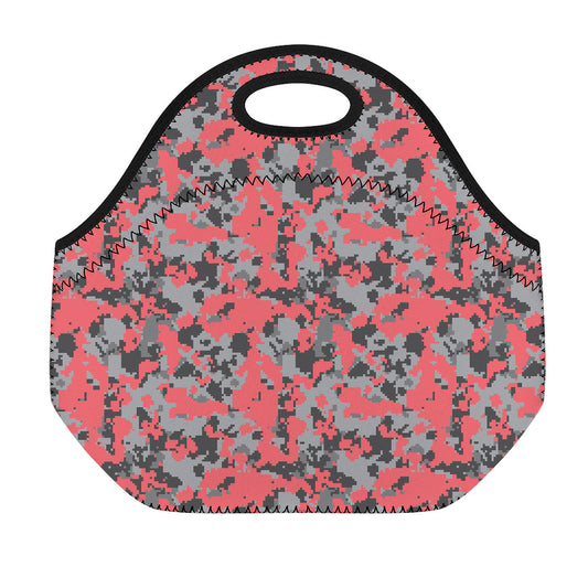 Red And Grey Digital Camo Pattern Print Neoprene Lunch Bag