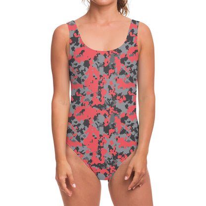 Red And Grey Digital Camo Pattern Print One Piece Swimsuit