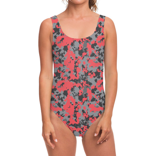 Red And Grey Digital Camo Pattern Print One Piece Swimsuit