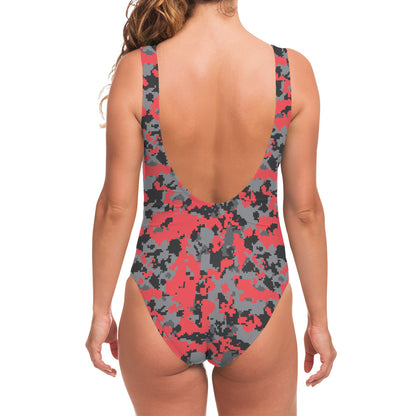 Red And Grey Digital Camo Pattern Print One Piece Swimsuit