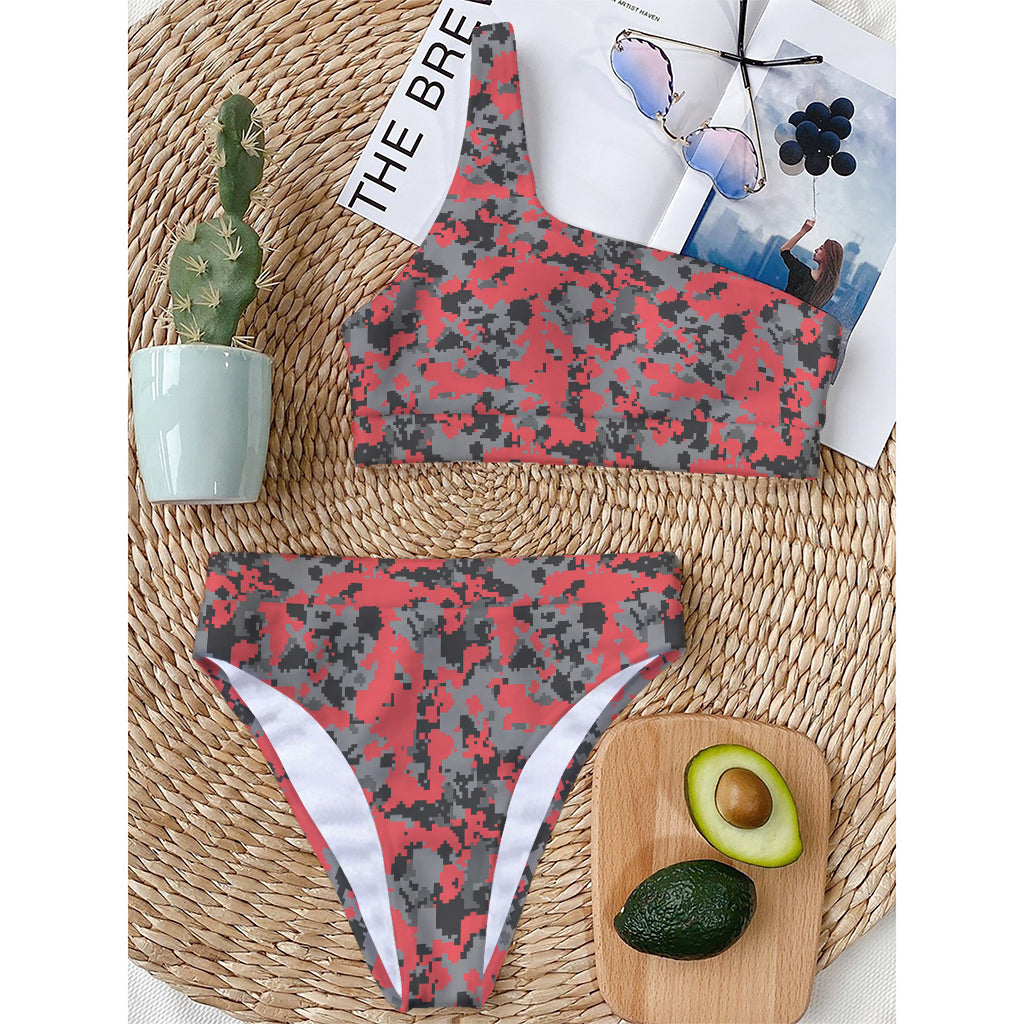 Red And Grey Digital Camo Pattern Print One Shoulder Bikini Top