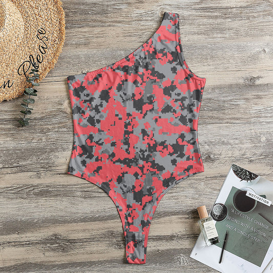 Red And Grey Digital Camo Pattern Print One Shoulder Bodysuit