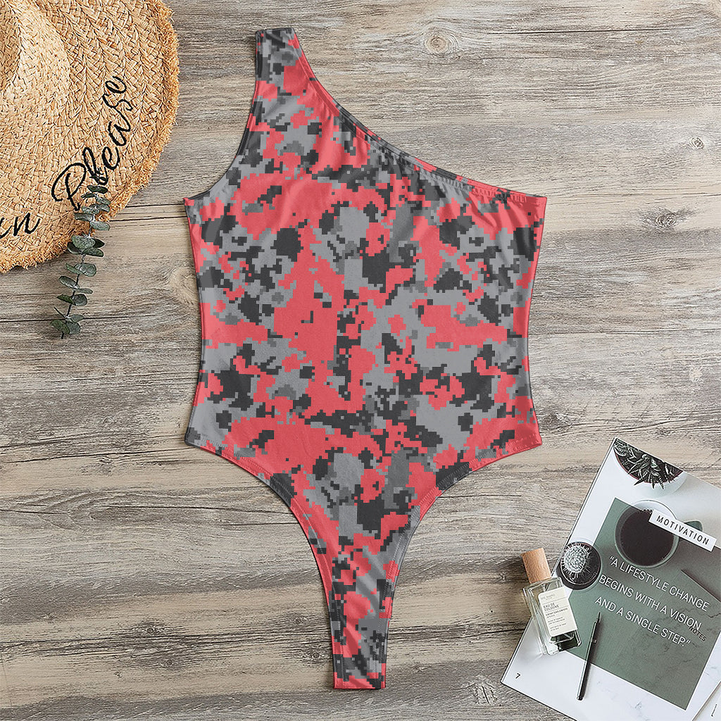 Red And Grey Digital Camo Pattern Print One Shoulder Bodysuit